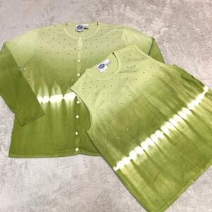 DG2 Diane Gilman Green Tie Dye Studded Knit Tank & Cardigan Set Cottagecore Med.